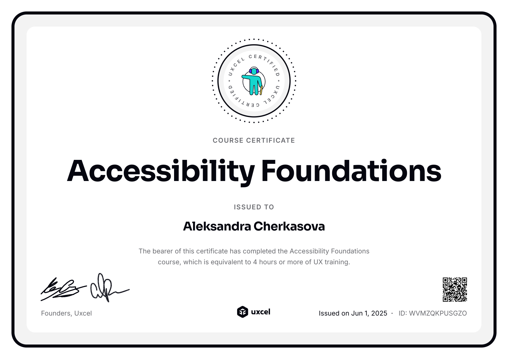 Aleksandra Cherkasova's certificate